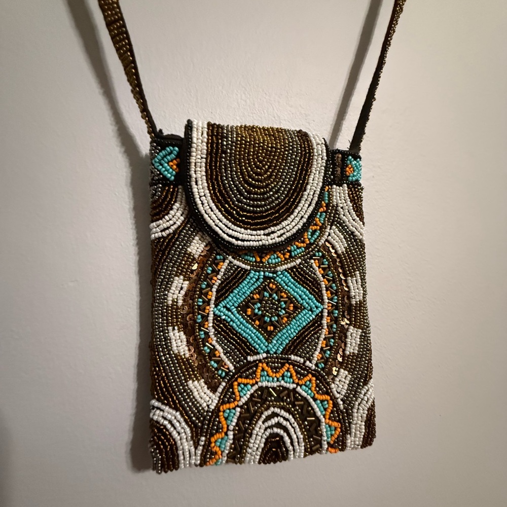 Beaded Boho Brown and Turquoise Crossbody Bag Long Strap Small Phone Purse